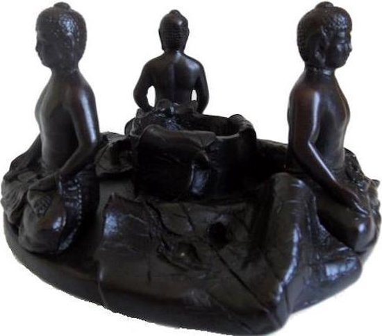 Drie boeddha s beeld waxine licht kleuren bruin zwart diameter 17 cm hoogte 9 cm.