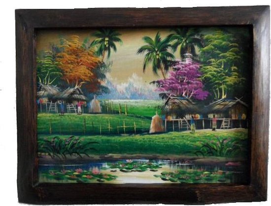 Peinture pour salon village thaïlandais sur l'eau longueur 47 cm largeur 37 cm.