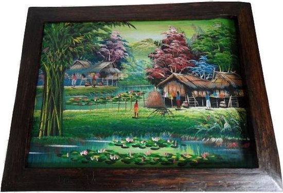Schilderij op hout Thais dorp aan het water lengte 47 cm breedte 37 cm.