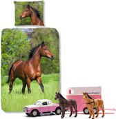 Good Morning Dekbedovertrek bruin Paard-140 x 220 cm, Paarden dekbed-katoen, met roze Auto speelset Paardentransport.