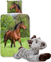 Good Morning Dekbedovertrek bruin Paard-140 x 220 cm, Paarden dekbed-katoen, met zachte paarden-knuffel 32 cm donker bruin