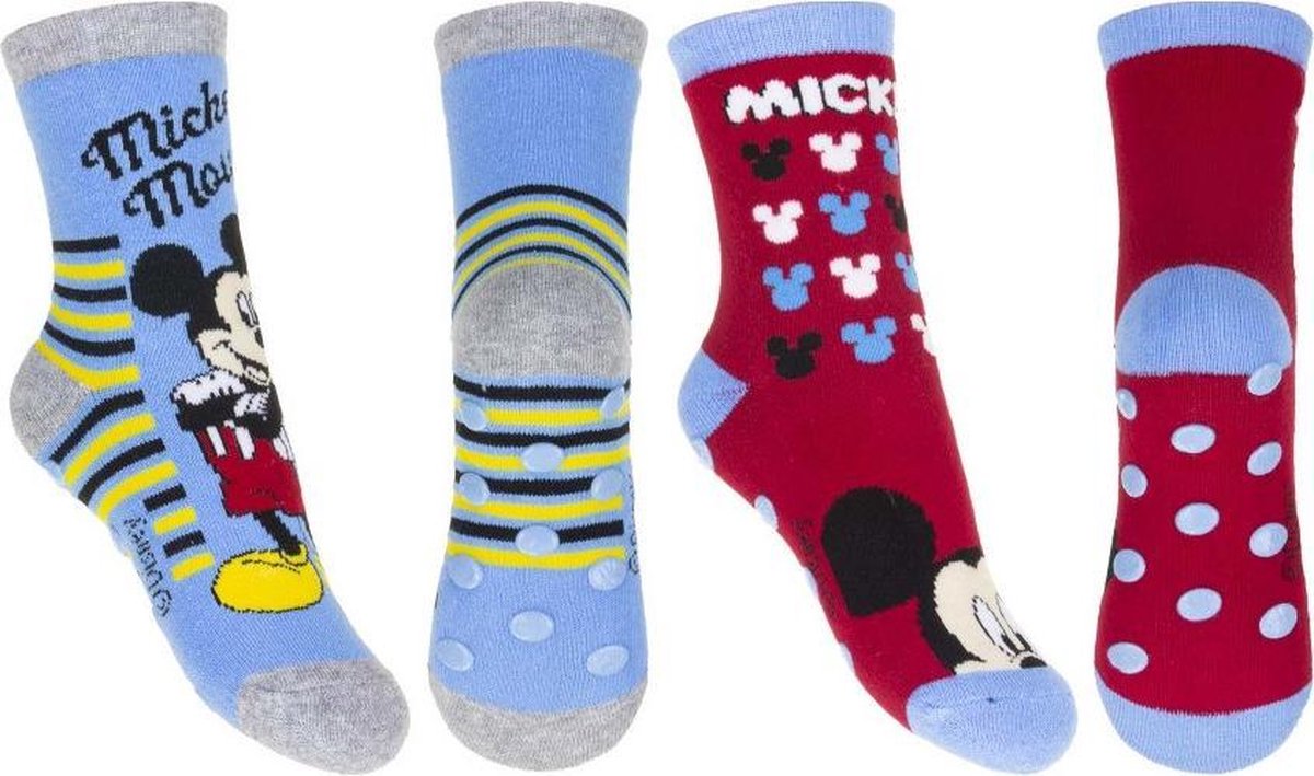 Disney Mickey Mouse Sokken | 2 Paar | Badstof | Maat 31-34 | Anti-slip | Dikke Sokken | Gezichtjes Rood en Blauw