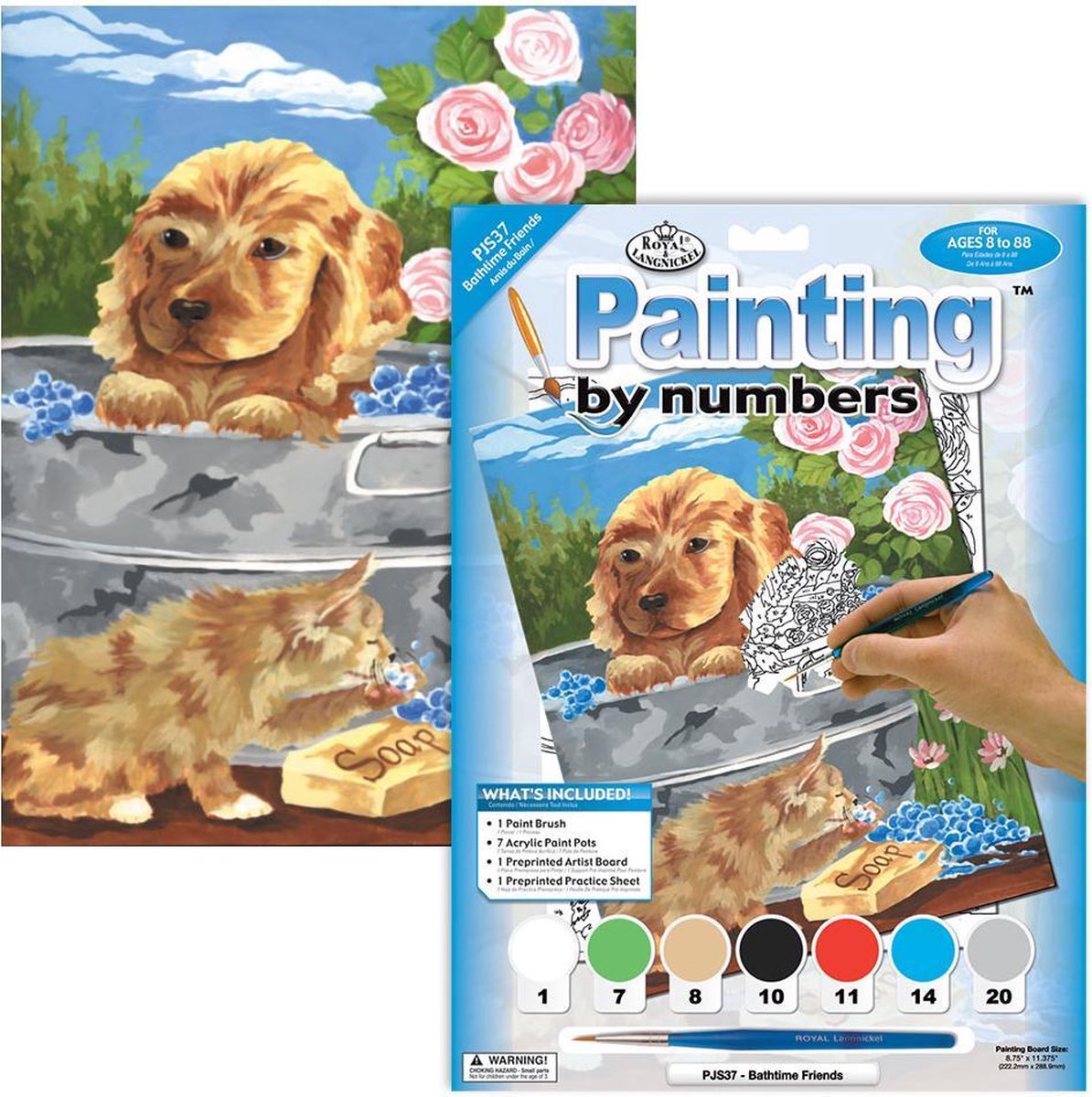 PJS37 Schilderen op nummer - Paint by numbers - Pup en kitten gaan in bad 22x30cm - Schilderen op nummer volwassenen - Paint by numbers volwassenen