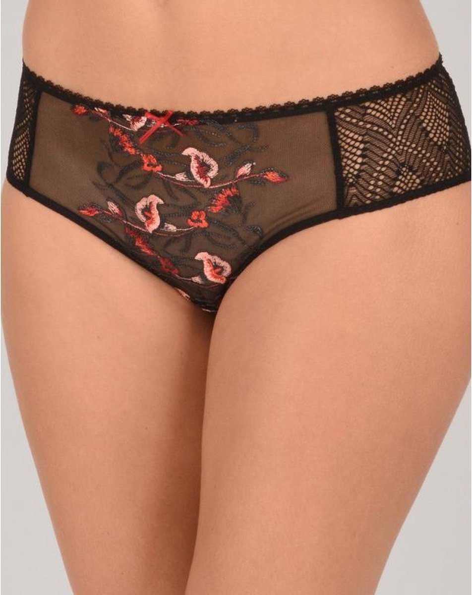 Empreinte slip / shorty Ashley met geborduurde bloemen op doorschijnende tule - zwart rood gebloemd – 36