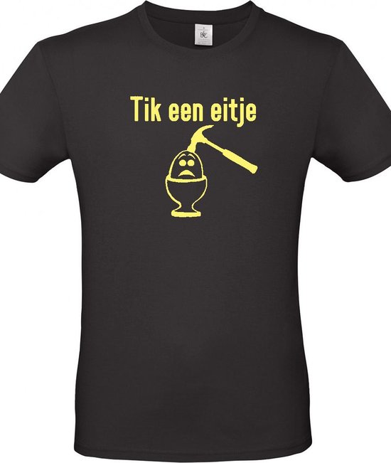 T-shirt met opdruk “Tik een eitje” – Zwart shirt met gele opdruk -  Merk B&C – Herojodeals- Leuk voor Pasen