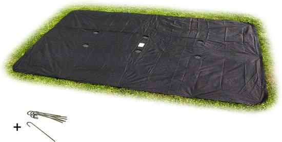 Rechthoekige zwarte trampoline afdekhoes op gras met haringen.