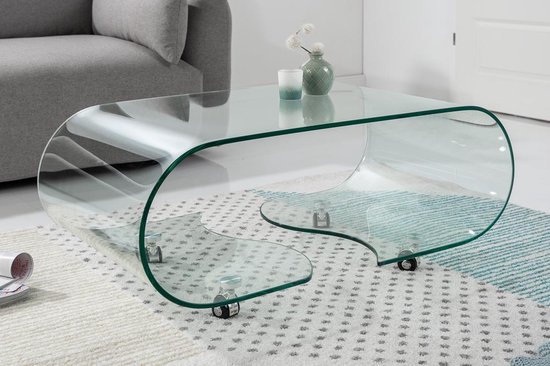 Moderne glazen salontafel transparant op wielen 90 cm