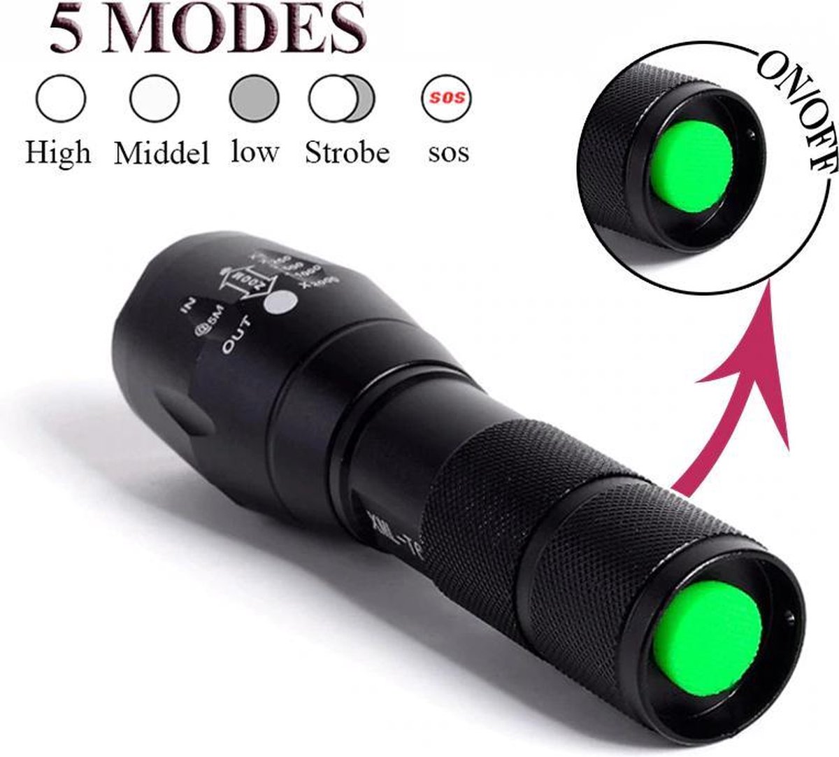 IGOODS - LED Zaklamp - Wit Licht- licht gewicht - Militaire zaklamp - LED zaklamp - Inzoombaar