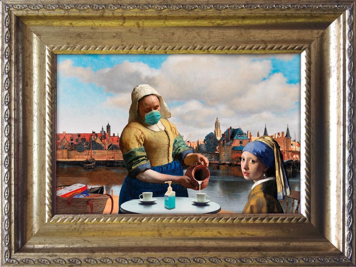 Corona Meisje met de Parel en Melkmeisje op een terras - Grappige kunst