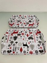 Kerst: dienblad van kunststof - set van 2 stuks (wit kerstpatroon/tekst)