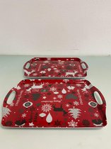 Kerst: dienblad van kunststof - set van 2 stuks (rood kerstpatroon/tekst)