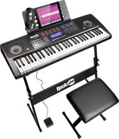 RockJam pianokit met 61 toetsen en keyboardstandaard, pianokruk, sustainpedaal, koptelefoon en lessen.
