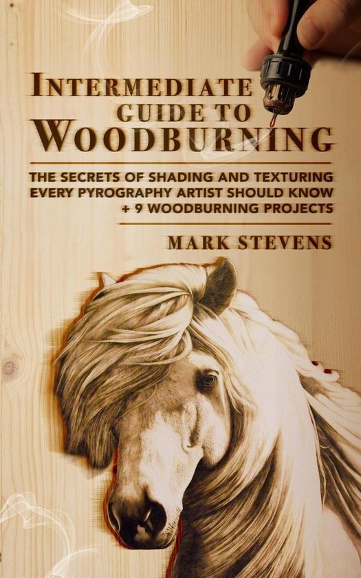 Boek 'Intermediate Guide to Woodburning' van Mark Stevens, met een getekende paardenkop in houtskoolstijl.