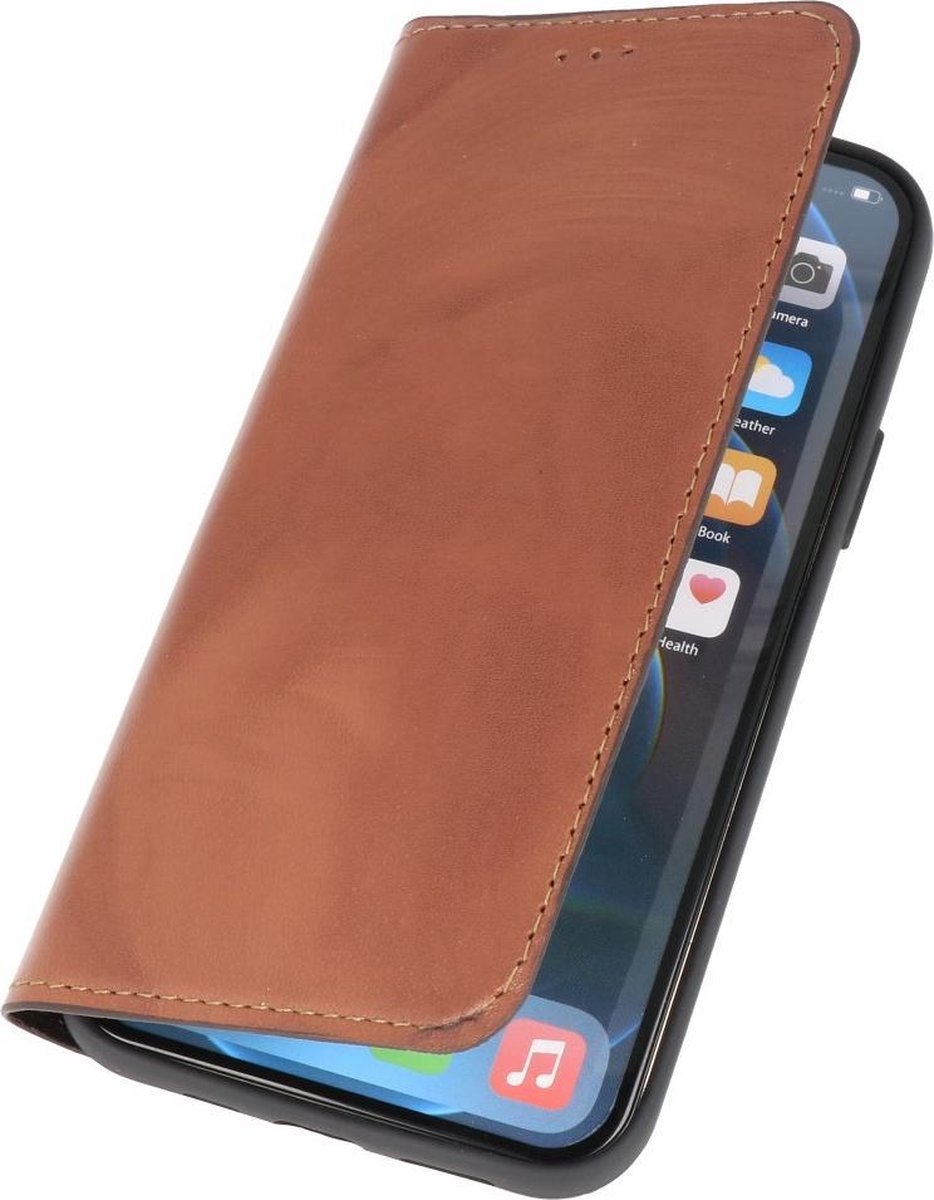 Diledro - Ultra thin flip wallet iPhone 12 Pro Max hoesje echt leer - Medium Cognac