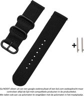 Zwart Nylon sporthorlogebandje voor 20mm Smartwatches (zie compatibele modellen) van Samsung, Pebble, Garmin, Huawei, Moto, Ticwatch, Seiko, Citizen en Q – Maat: zie maatfoto – 20