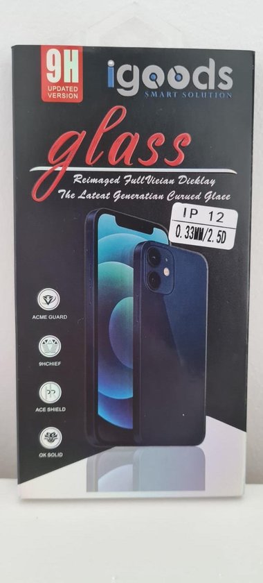 Verpakking van screenprotector "igoods glass", geadverteerd als "IP 12 0.33MM/2.5D", met een afbeelding van een donkerblauwe iPhone 12.