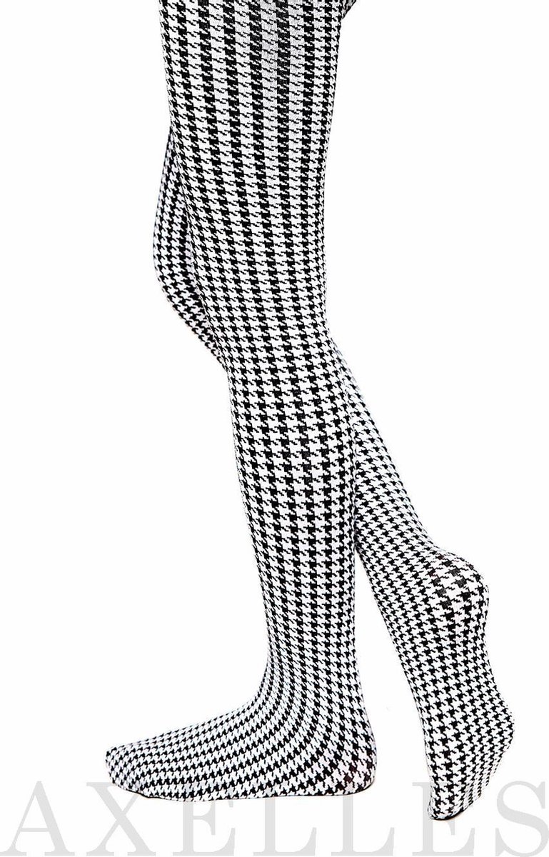 Trendy kinderpanty, pied-de-poule patroon 60-DEN, zwart-wit, maat 146-152 (in verpakking).