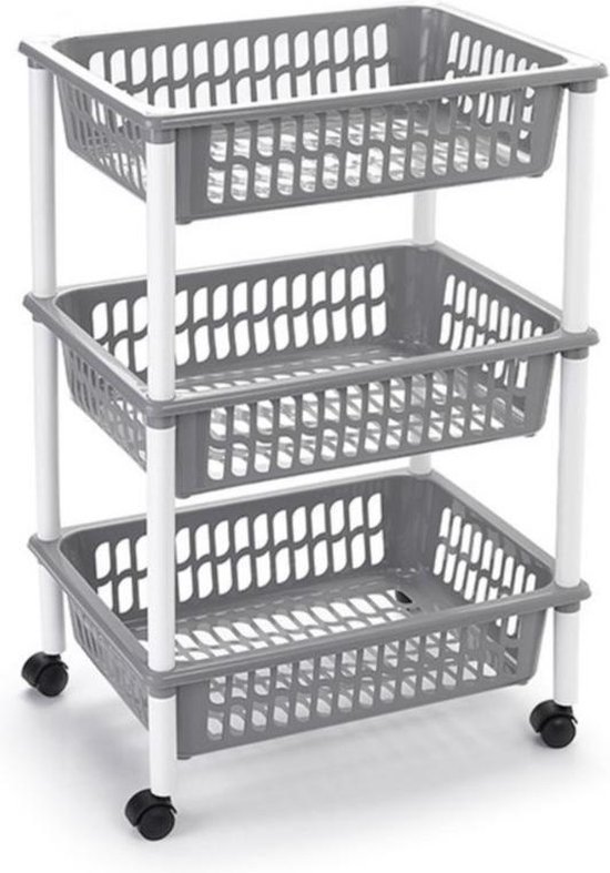 Opberg trolley/roltafel/organizer met 3 manden 40 x 30 x 61,5 cm wit/lichtgrijs - Etagewagentje/karretje met opbergkratten