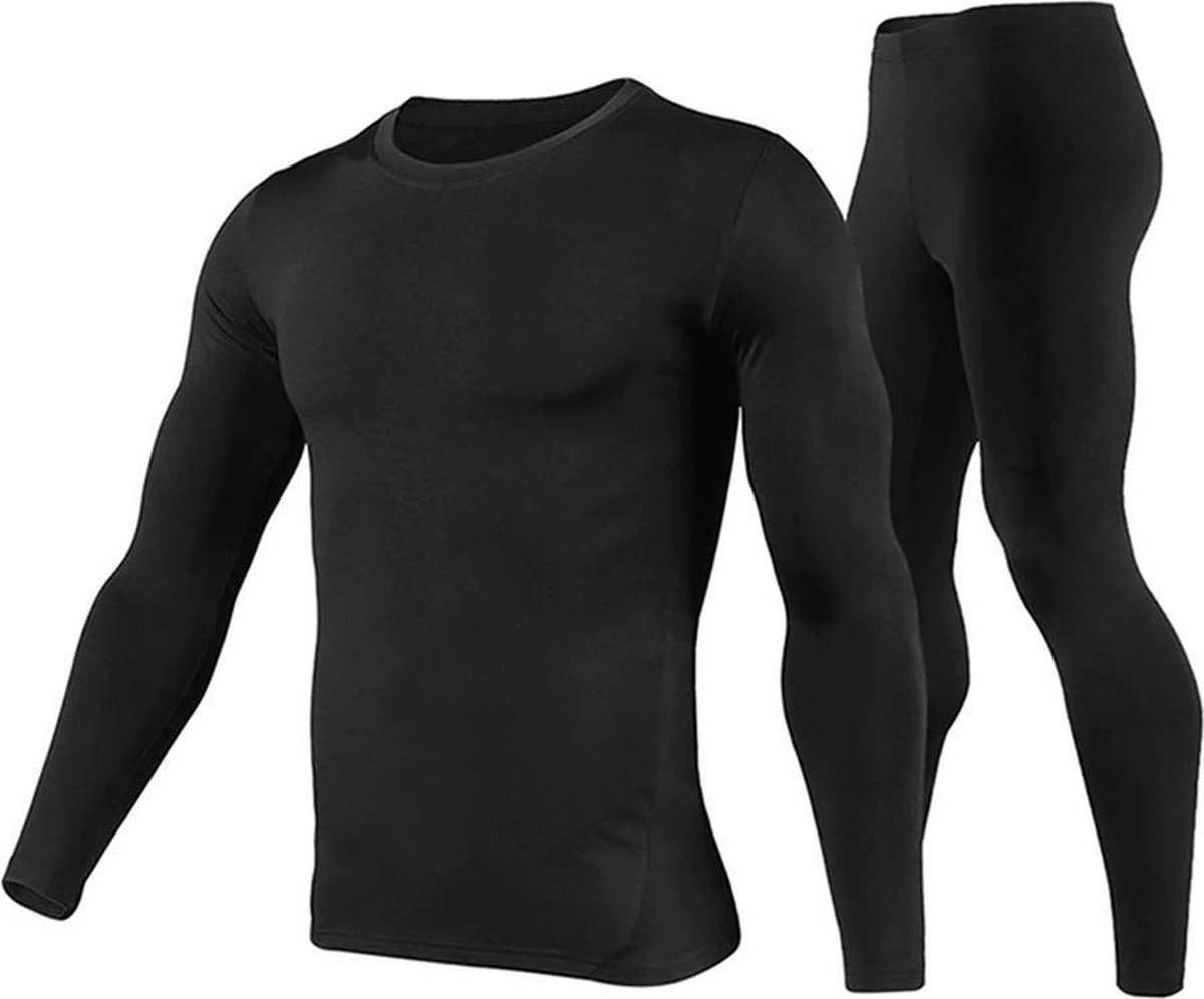 Fietskleding - Motorkleding - Skikleding - Heren - Broek & Shirt Set - Thermo Compressie Fleece Onderkleding - Zwart - Maat XL - Merkloos