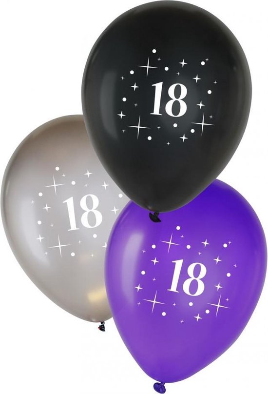 Metallic ballonnen 18 jaar Zwart/ Zilver/ Paars