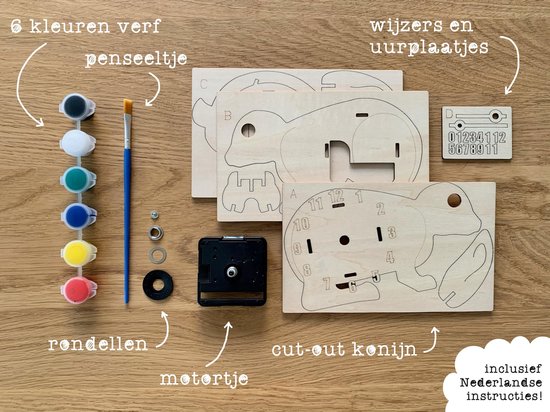 DIY Konijn Klok | Knutselen en verven | Leuke bezigheid voor kinderen | Alles-in-1 bouwpakket inclusief verfborstel en potjes verf - Kobu