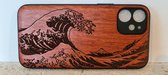 Bamboesjes Houten Telefoonhoesje Iphone 12 Mini met gravure van de Golf van Kanagawa