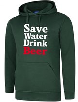 Hooded Sweater - Casual Hoodie - Fun - Fun Tekst - Lifestyle Hoody - Workout Sweater - Chill Sweater - Mood - Save Water Drink beer - Bottle Green - M