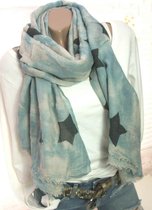 Trendy zomer sjaal tye-die batik print met sterren kleur licht blauw maat 180x90 centimeter