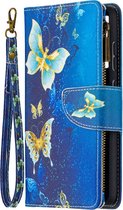 Telefoonhoesje geschikt voor Samsung Galaxy A52 - Portemonnee met rits - book-case hoesje - ruimte voor 9 pasjes - goud blauw vlinders