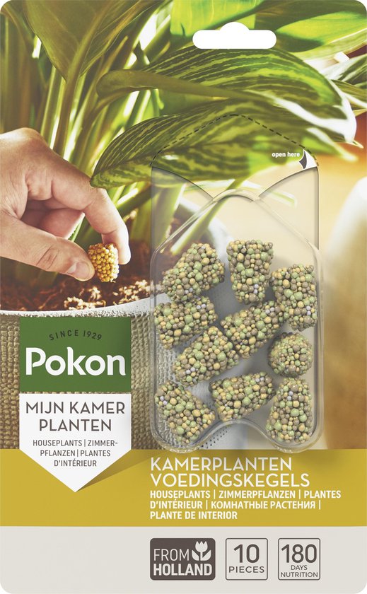 Pokon Kamerplanten voedingskegels in verpakking, met hand die een kegel in potgrond plaatst.