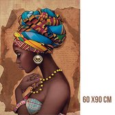 Allernieuwste Canvas Schilderij Mooie Afrikaanse Vrouw Meisje - Modern African Art - Woonkamer - Poster - 60 x 90 cm - Kleur