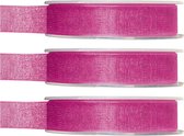 3x Hobby/decoratie fuchsia roze organza sierlinten 1,5 cm/15 mm x 20 meter - Cadeaulint organzalint/ribbon - Striklint linten roze