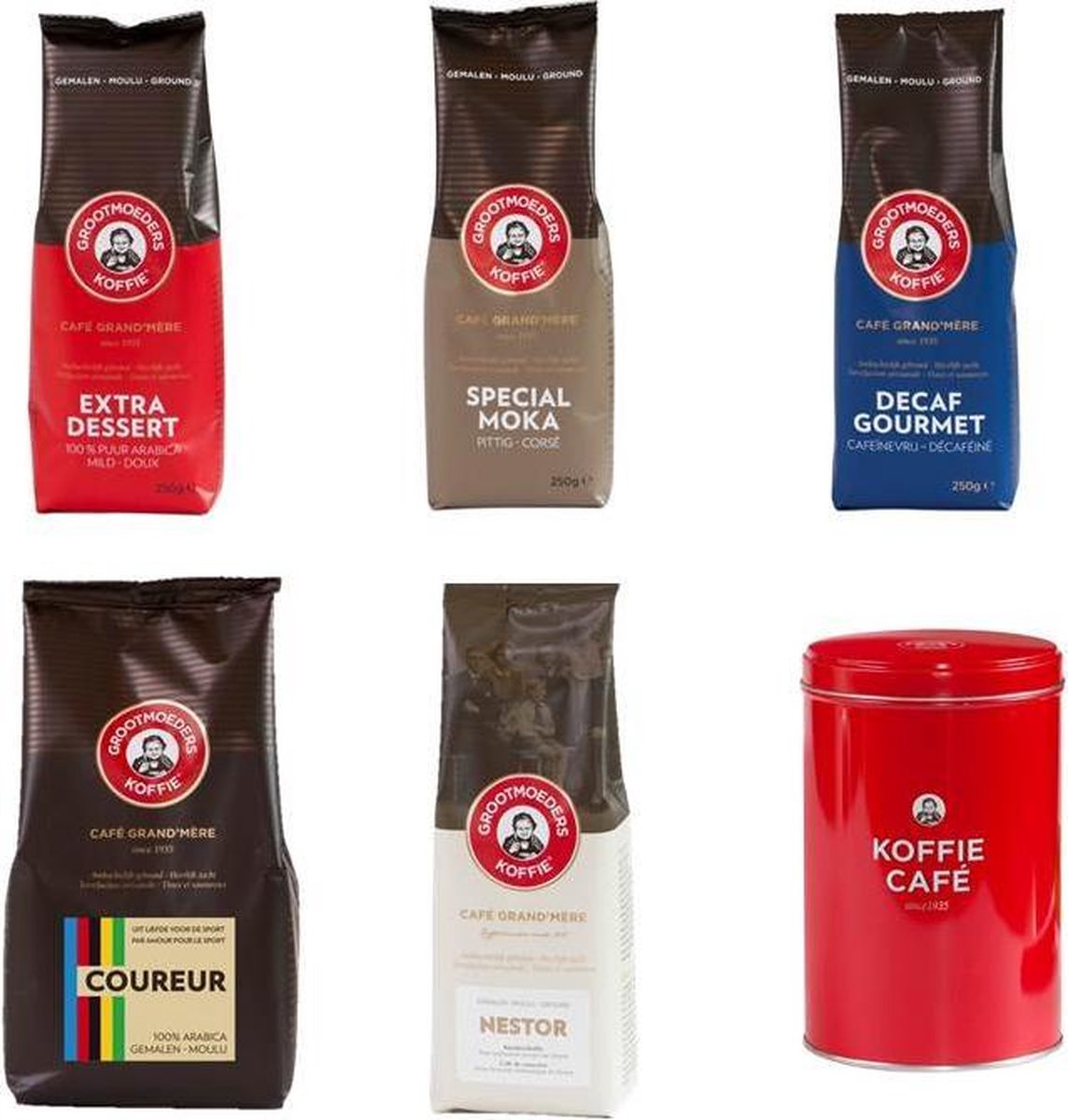 Grootmoeders Koffie - Proefpakket gemalen - 5 soorten + koffieblik