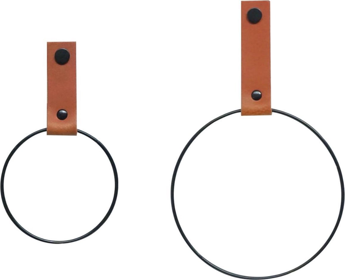SETPRIJS! 2x Leren Handdoekring | COGNAC - maat S + M (handdoekhanger - handdoekhaakje)