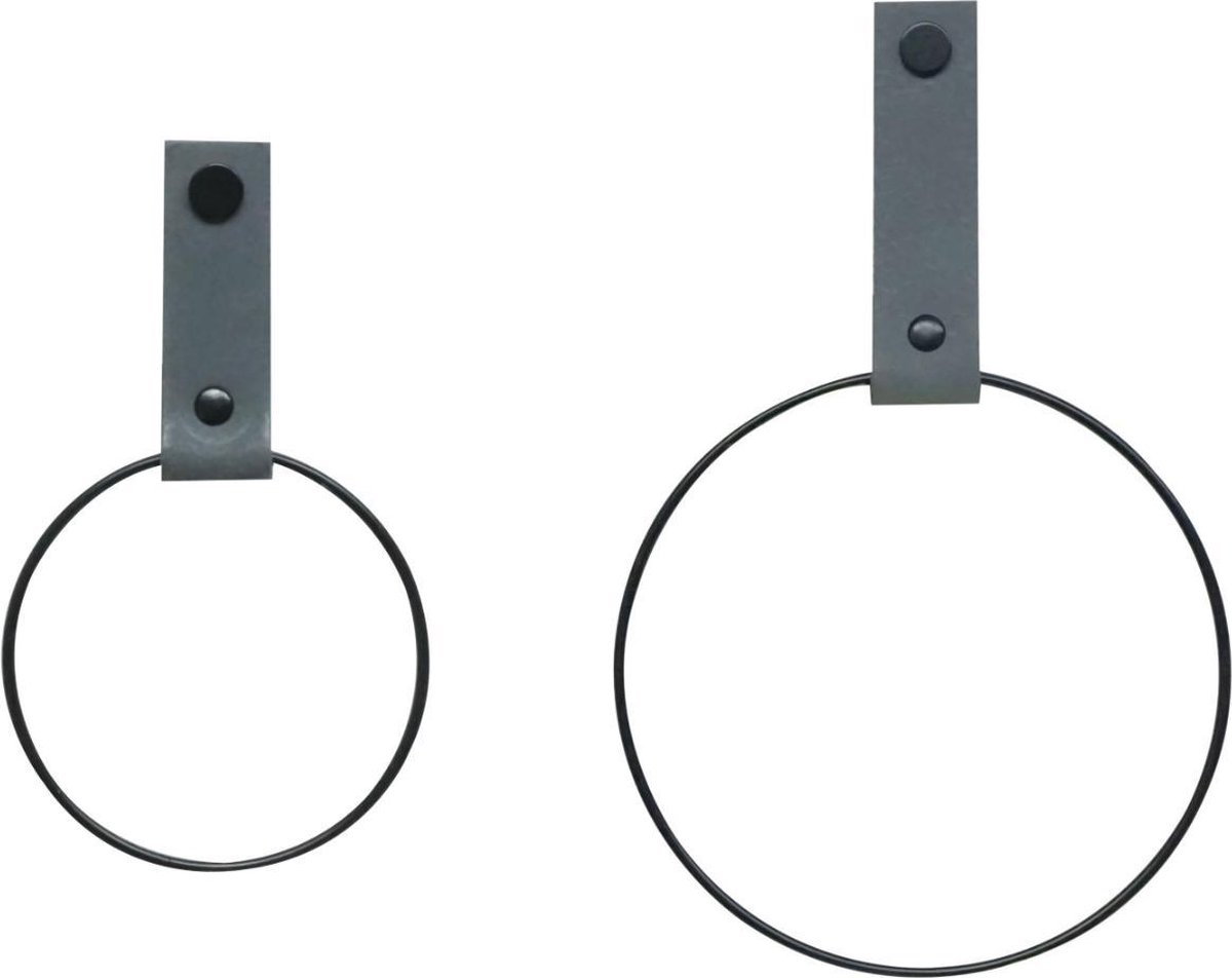 SETPRIJS! 2x Leren Handdoekring | DONKERGRIJS - maat S + M (handdoekhanger - handdoekhaakje)