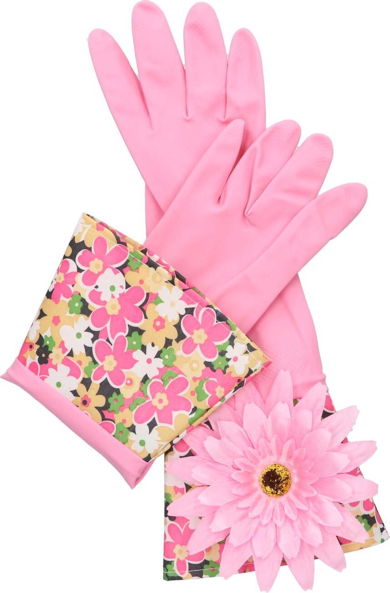 Huishoudhandschoen roze met bloem - medium - luxe gloves latex | bol.com