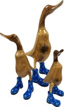 Houten eenden met laarzen - Set van 2 - Houten eend decoratie - Houten dieren - Bamboe eend blauw - Eenden met schoenen - JoJo Living