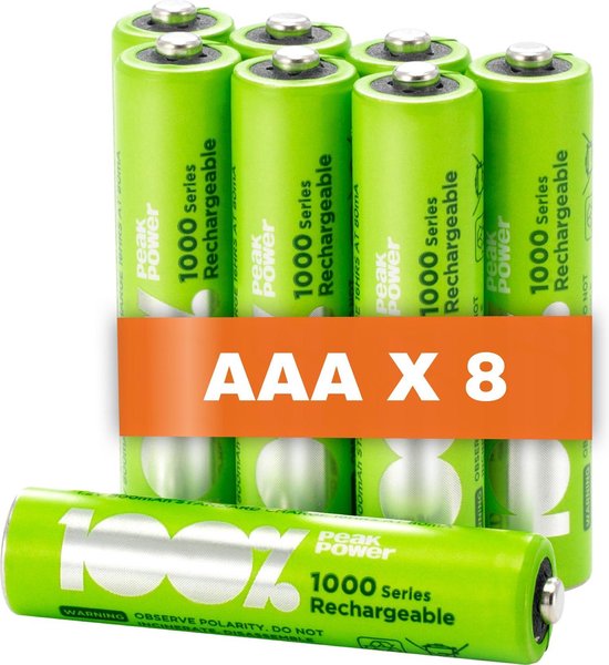 100% Peak Power oplaadbare batterijen AAA - NiMH AAA batterij micro 800 mAh - 8 stuks - 100% Peak Power
