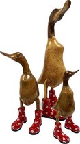 Houten eenden met laarzen - Houten eend decoratie - Houten dieren - Bamboe eenden rood set van 3 - JoJo Living