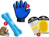 Honden Verzorgingsset - Honden Tandenborstel (Blauw) + Vachtborstel voor Hond (Geel) + Dierenhaar Handschoen