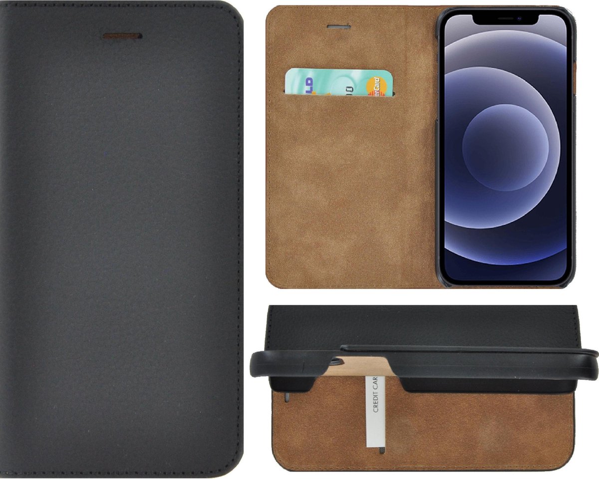 iPhone 12 Pro hoesje - Bookcase - Portemonnee Hoes Ultra dun Echt leer Wallet case Zwart