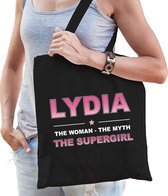 Naam cadeau Lydia - The woman, The myth the supergirl katoenen tas - Boodschappentas verjaardag/ moeder/ collega/ vriendin