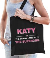 Naam cadeau Katy - The woman, The myth the supergirl katoenen tas - Boodschappentas verjaardag/ moeder/ collega/ vriendin