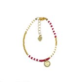Red beads & star coin armband - Goud