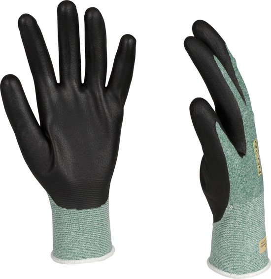 Zwarte werkhandschoenen met een lichtgroen gebreide manchet en grijze accenten.