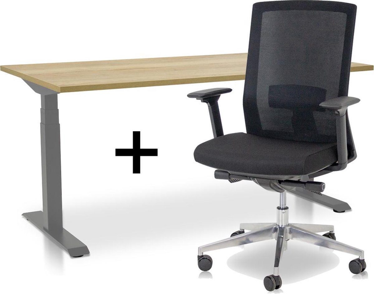 Zit-sta bureau elektrisch verstelbaar + ERGO Bureaustoel | MRC PRO NEN-EN 527 Thuiswerkset | frame bureau aluminium - bureaublad robuust eiken | 120x80 cm