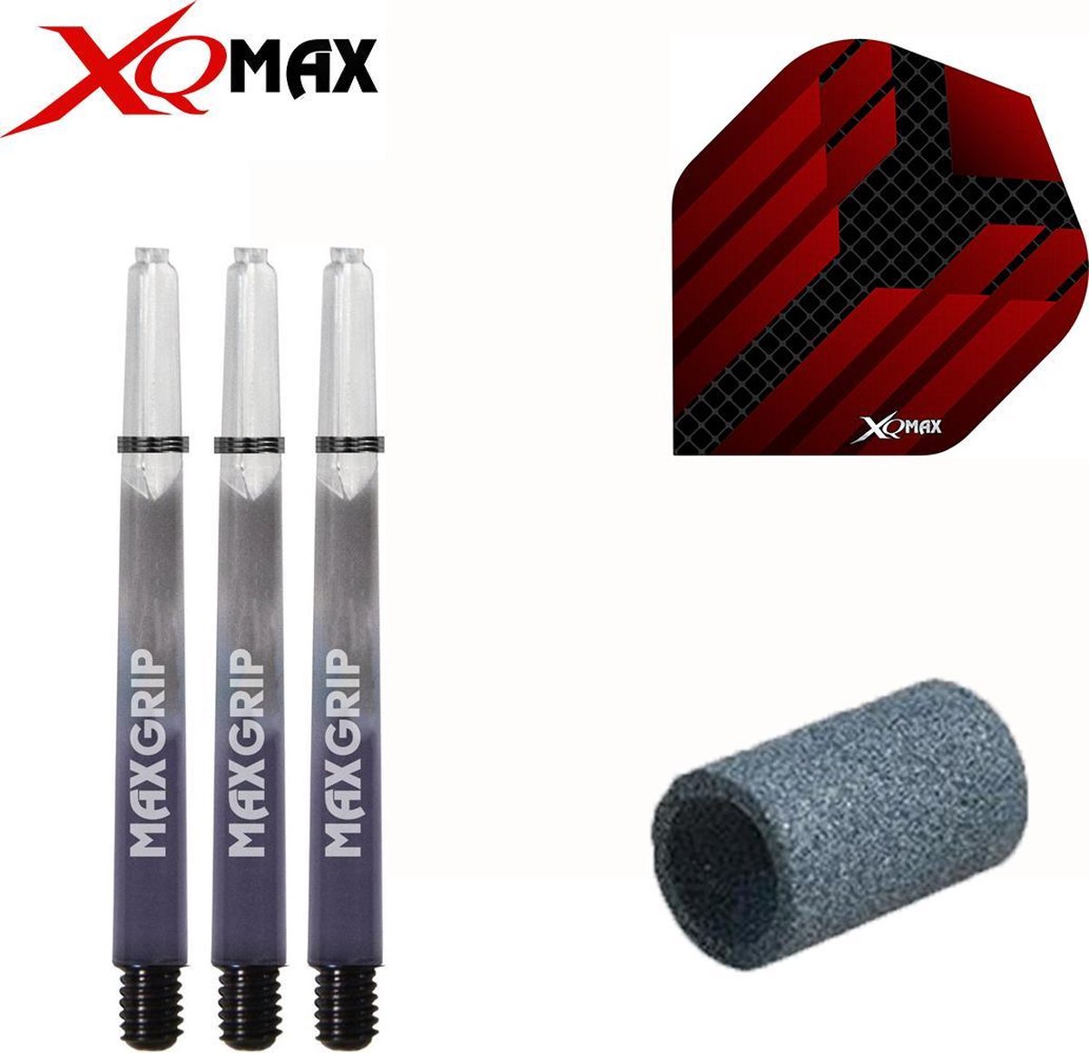 XQ MAX rode accessoiresset PVC flights, 48mm Shafts en slijpsteentje - rood/zwart