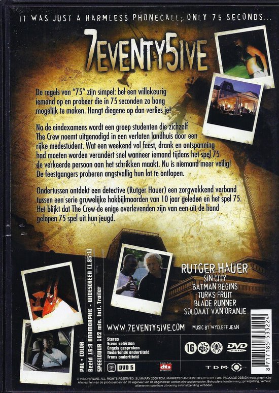 DVD cover met Rutger Hauer, een groep mensen, een huis en de titel 7eventy5ive.