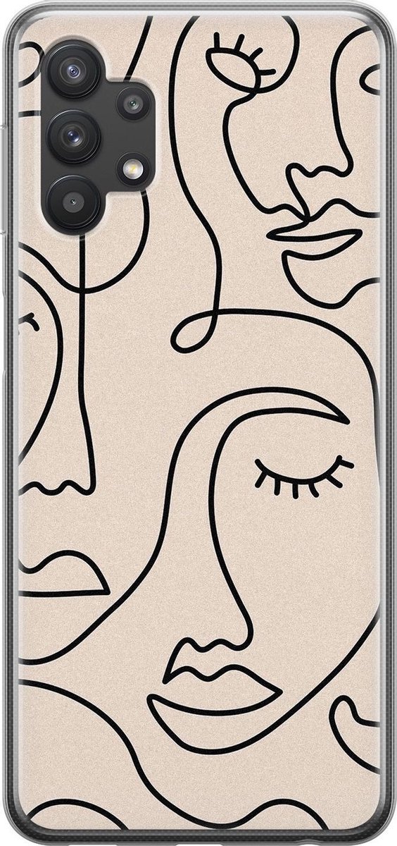 Leuke Telefoonhoesjes - Hoesje geschikt voor Samsung Galaxy A32 5G - Abstract gezicht lijnen - Soft case - TPU - Print / Illustratie - Beige