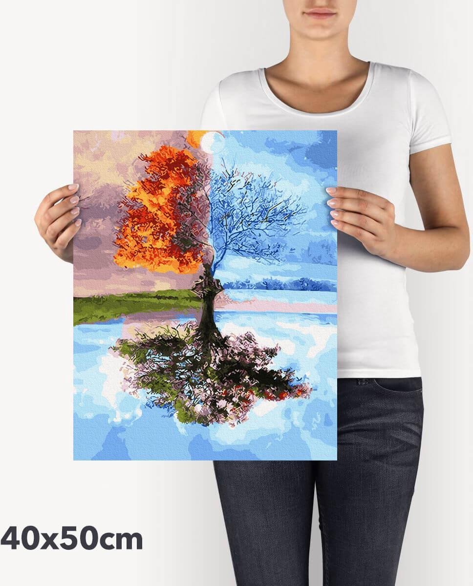 Schilderen Op Nummer Volwassenen DIY Paint By Number Compleet Hobby Pakket op Frame met Vernis - ®Arty Bee - Vier Seizoenen Boom 40x50cm — afbeelding 4